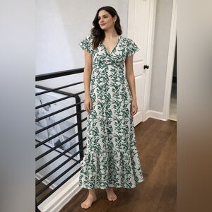 NWT Ex Voto 100% Cotton White Green Bird Block Printed Maxi Dress Green SZ M